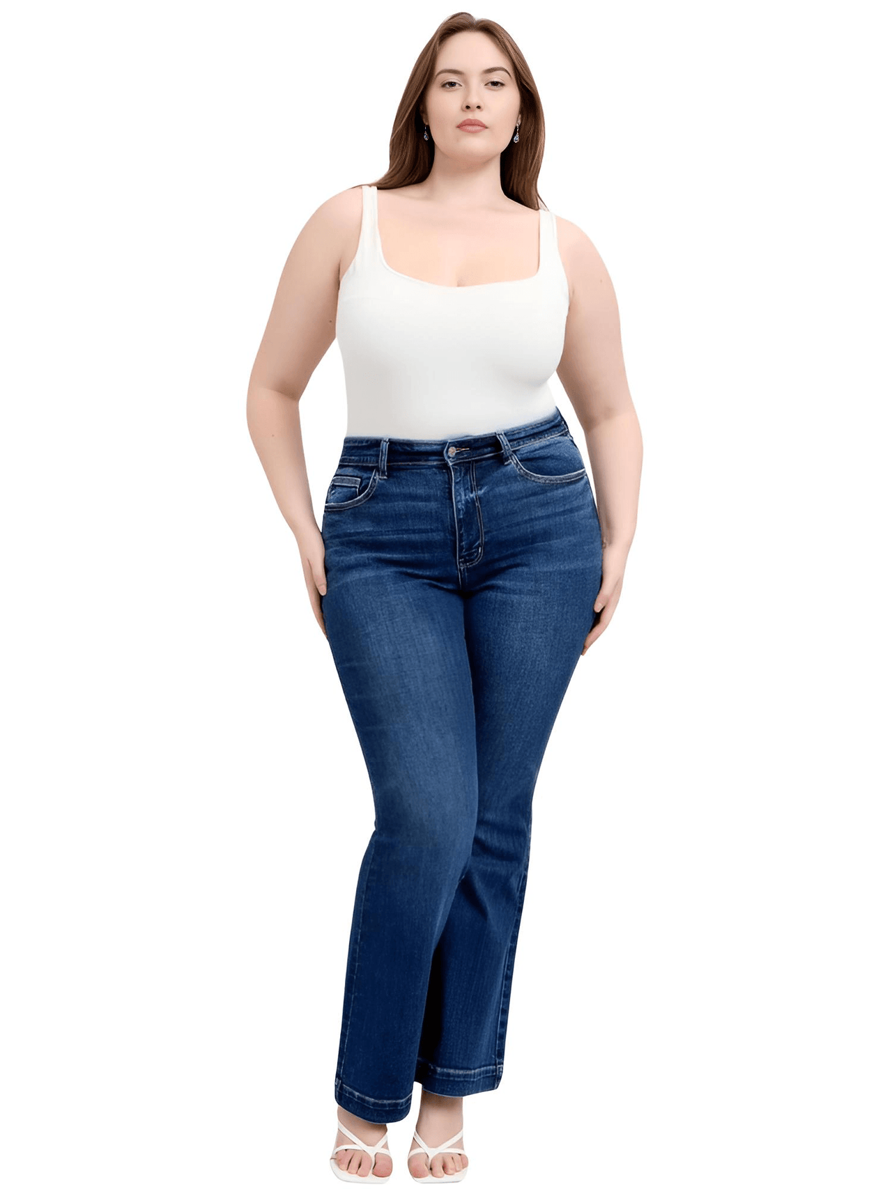 Blue Full Size High Rise Plus Size Flare Jeans with Pockets, Drestiny, Jeans, Casual Pants, Dark Blue, United States, USA, 0 (24), 1 (25), 3 (26), 5 (27), 7 (28), 9 (29), 11 (30), 13 (31), 15 (32), 14W, 16W, 18W, 20W, 22W, 24W, Plus Size Jeans, Plus size high rise flare jeans, Curvy high waisted flare jeans, Plus size wide leg flare jeans, Dark wash plus size flare jeans, Plus size retro flare jeans, shopdrestiny.com