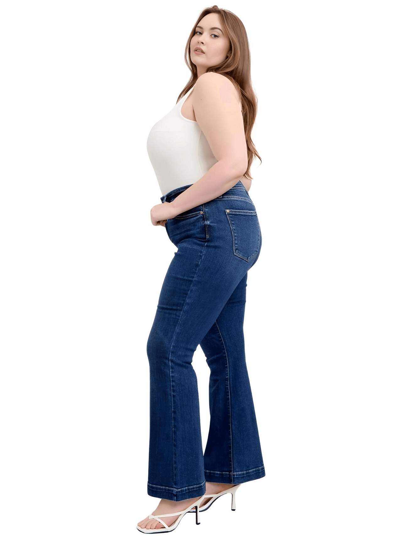 Blue Full Size High Rise Plus Size Flare Jeans with Pockets, Drestiny, Jeans, Casual Pants, Dark Blue, United States, USA, 0 (24), 1 (25), 3 (26), 5 (27), 7 (28), 9 (29), 11 (30), 13 (31), 15 (32), 14W, 16W, 18W, 20W, 22W, 24W, Plus Size Jeans, Plus size high rise flare jeans, Curvy high waisted flare jeans, Plus size wide leg flare jeans, Dark wash plus size flare jeans, Plus size retro flare jeans, shopdrestiny.com
