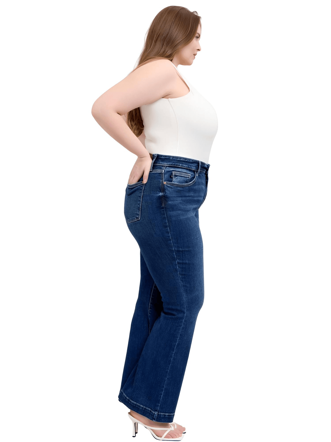 Blue Full Size High Rise Plus Size Flare Jeans with Pockets, Drestiny, Jeans, Casual Pants, Dark Blue, United States, USA, 0 (24), 1 (25), 3 (26), 5 (27), 7 (28), 9 (29), 11 (30), 13 (31), 15 (32), 14W, 16W, 18W, 20W, 22W, 24W, Plus Size Jeans, Plus size high rise flare jeans, Curvy high waisted flare jeans, Plus size wide leg flare jeans, Dark wash plus size flare jeans, Plus size retro flare jeans, shopdrestiny.com