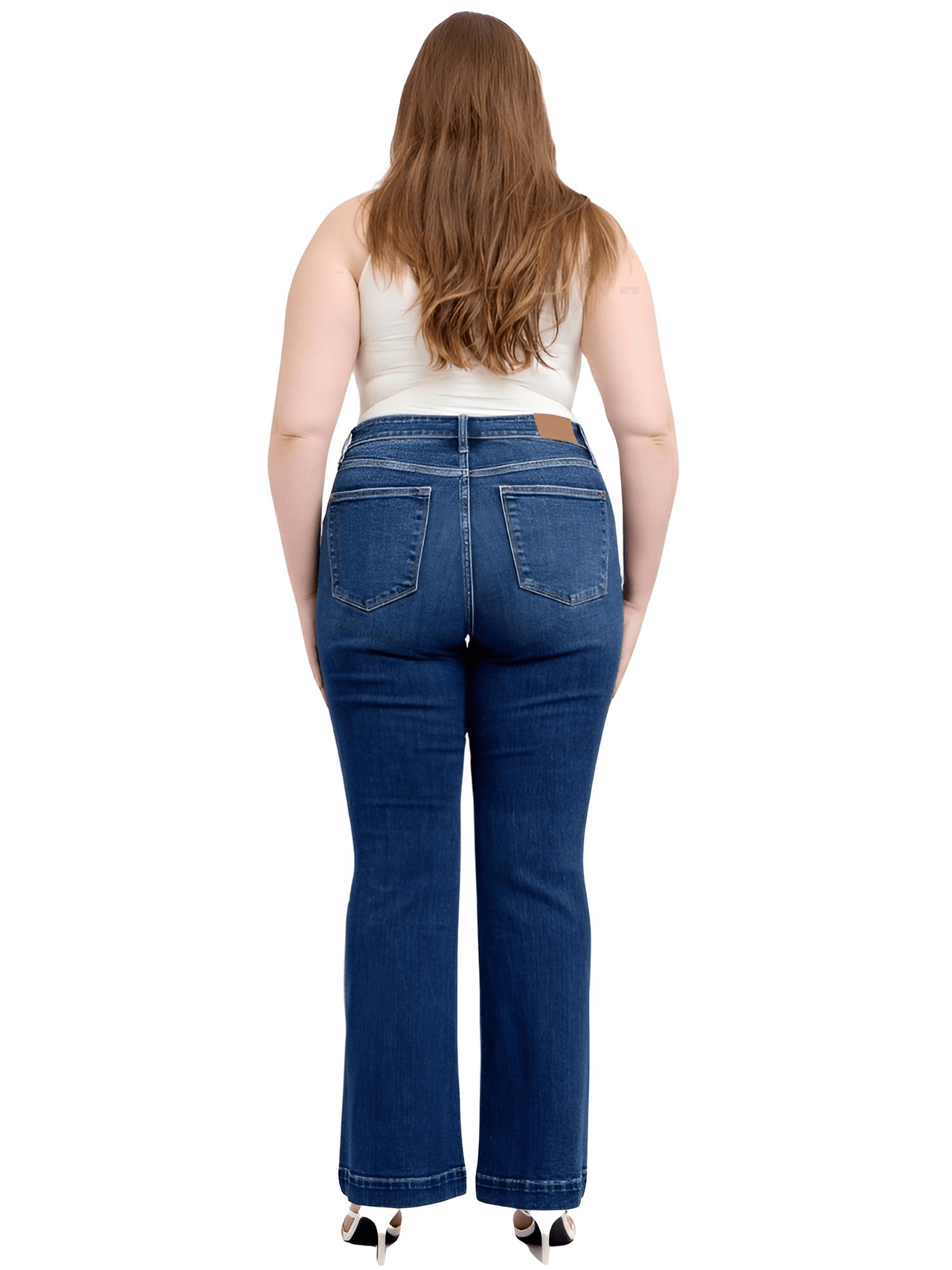 Blue Full Size High Rise Plus Size Flare Jeans with Pockets, Drestiny, Jeans, Casual Pants, Dark Blue, United States, USA, 0 (24), 1 (25), 3 (26), 5 (27), 7 (28), 9 (29), 11 (30), 13 (31), 15 (32), 14W, 16W, 18W, 20W, 22W, 24W, Plus Size Jeans, Plus size high rise flare jeans, Curvy high waisted flare jeans, Plus size wide leg flare jeans, Dark wash plus size flare jeans, Plus size retro flare jeans, shopdrestiny.com