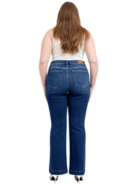 Thumbnail for Blue Full Size High Rise Plus Size Flare Jeans with Pockets, Drestiny, Jeans, Casual Pants, Dark Blue, United States, USA, 0 (24), 1 (25), 3 (26), 5 (27), 7 (28), 9 (29), 11 (30), 13 (31), 15 (32), 14W, 16W, 18W, 20W, 22W, 24W, Plus Size Jeans, Plus size high rise flare jeans, Curvy high waisted flare jeans, Plus size wide leg flare jeans, Dark wash plus size flare jeans, Plus size retro flare jeans, shopdrestiny.com