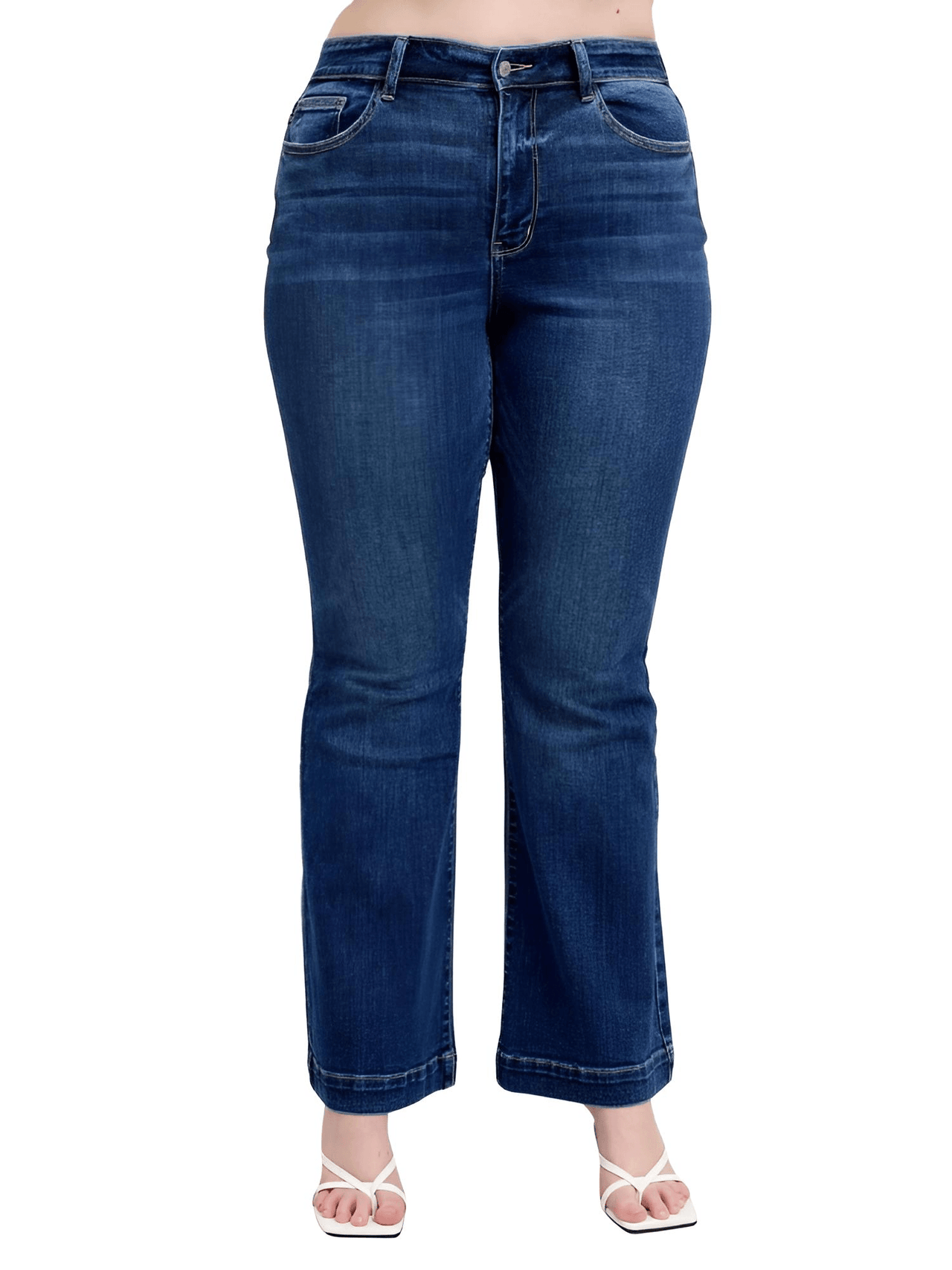Blue Full Size High Rise Plus Size Flare Jeans with Pockets, Drestiny, Jeans, Casual Pants, Dark Blue, United States, USA, 0 (24), 1 (25), 3 (26), 5 (27), 7 (28), 9 (29), 11 (30), 13 (31), 15 (32), 14W, 16W, 18W, 20W, 22W, 24W, Plus Size Jeans, Plus size high rise flare jeans, Curvy high waisted flare jeans, Plus size wide leg flare jeans, Dark wash plus size flare jeans, Plus size retro flare jeans, shopdrestiny.com