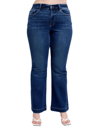 Thumbnail for Blue Full Size High Rise Plus Size Flare Jeans with Pockets, Drestiny, Jeans, Casual Pants, Dark Blue, United States, USA, 0 (24), 1 (25), 3 (26), 5 (27), 7 (28), 9 (29), 11 (30), 13 (31), 15 (32), 14W, 16W, 18W, 20W, 22W, 24W, Plus Size Jeans, Plus size high rise flare jeans, Curvy high waisted flare jeans, Plus size wide leg flare jeans, Dark wash plus size flare jeans, Plus size retro flare jeans, shopdrestiny.com