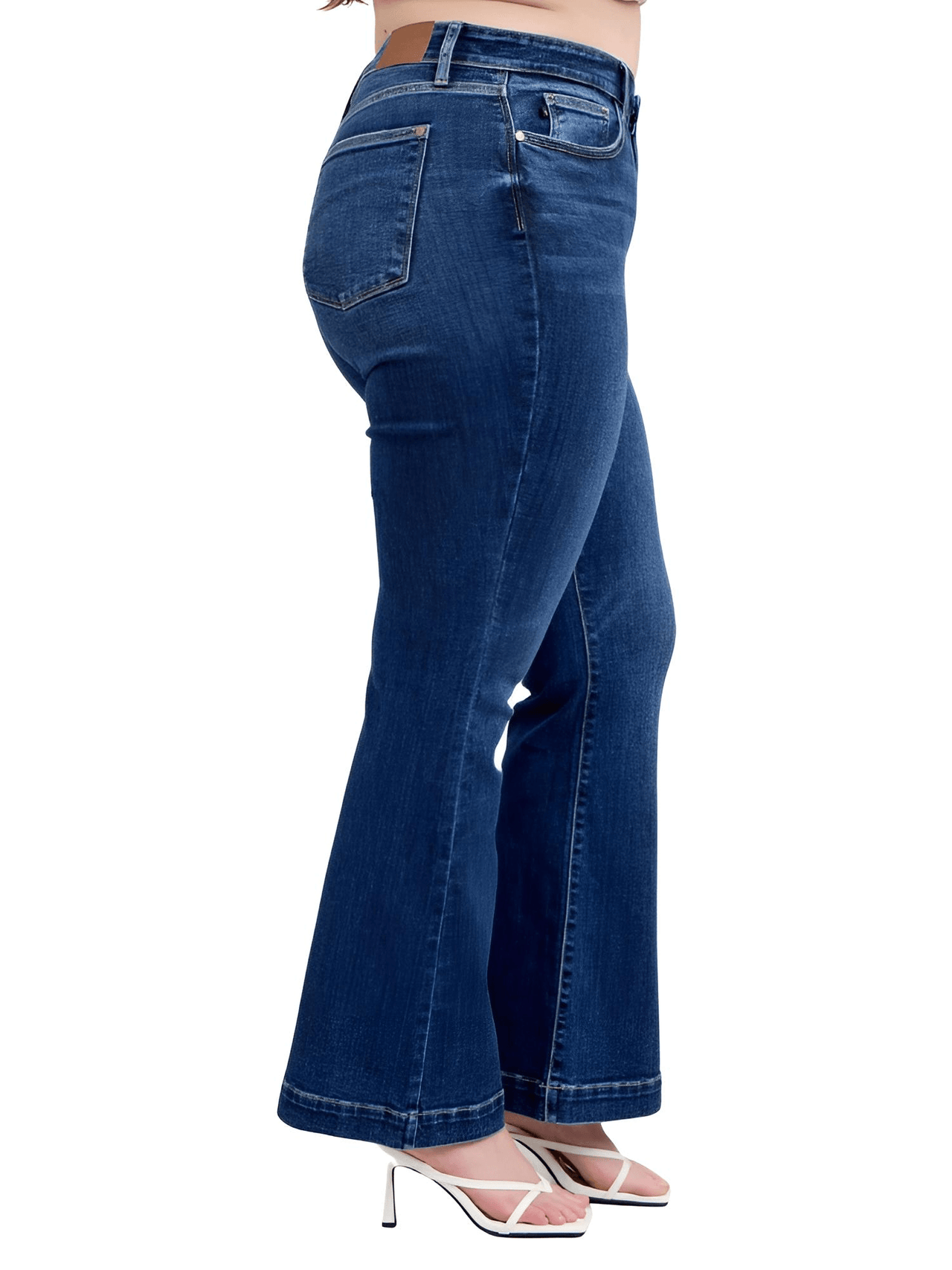 Blue Full Size High Rise Plus Size Flare Jeans with Pockets, Drestiny, Jeans, Casual Pants, Dark Blue, United States, USA, 0 (24), 1 (25), 3 (26), 5 (27), 7 (28), 9 (29), 11 (30), 13 (31), 15 (32), 14W, 16W, 18W, 20W, 22W, 24W, Plus Size Jeans, Plus size high rise flare jeans, Curvy high waisted flare jeans, Plus size wide leg flare jeans, Dark wash plus size flare jeans, Plus size retro flare jeans, shopdrestiny.com