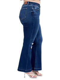 Thumbnail for Blue Full Size High Rise Plus Size Flare Jeans with Pockets, Drestiny, Jeans, Casual Pants, Dark Blue, United States, USA, 0 (24), 1 (25), 3 (26), 5 (27), 7 (28), 9 (29), 11 (30), 13 (31), 15 (32), 14W, 16W, 18W, 20W, 22W, 24W, Plus Size Jeans, Plus size high rise flare jeans, Curvy high waisted flare jeans, Plus size wide leg flare jeans, Dark wash plus size flare jeans, Plus size retro flare jeans, shopdrestiny.com