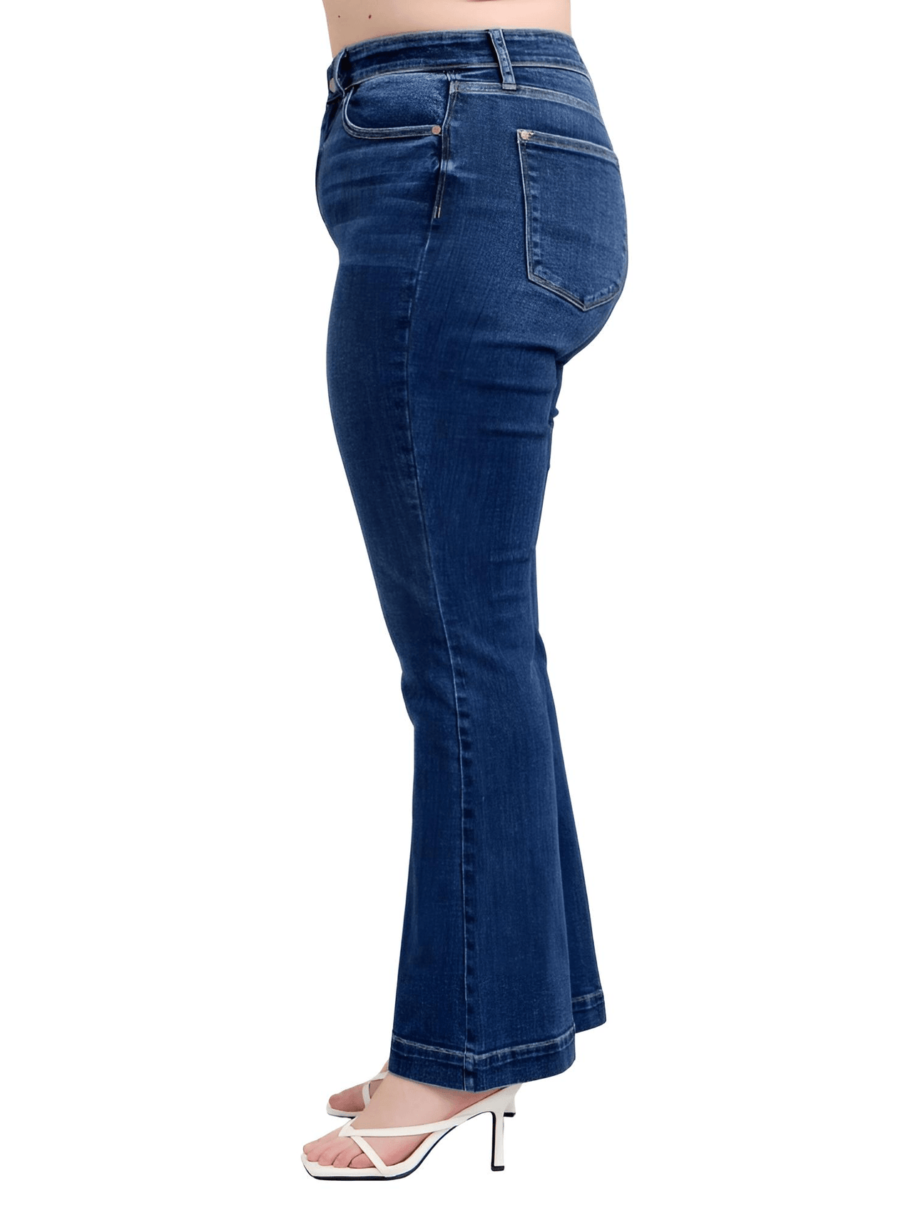 Blue Full Size High Rise Plus Size Flare Jeans with Pockets, Drestiny, Jeans, Casual Pants, Dark Blue, United States, USA, 0 (24), 1 (25), 3 (26), 5 (27), 7 (28), 9 (29), 11 (30), 13 (31), 15 (32), 14W, 16W, 18W, 20W, 22W, 24W, Plus Size Jeans, Plus size high rise flare jeans, Curvy high waisted flare jeans, Plus size wide leg flare jeans, Dark wash plus size flare jeans, Plus size retro flare jeans, shopdrestiny.com