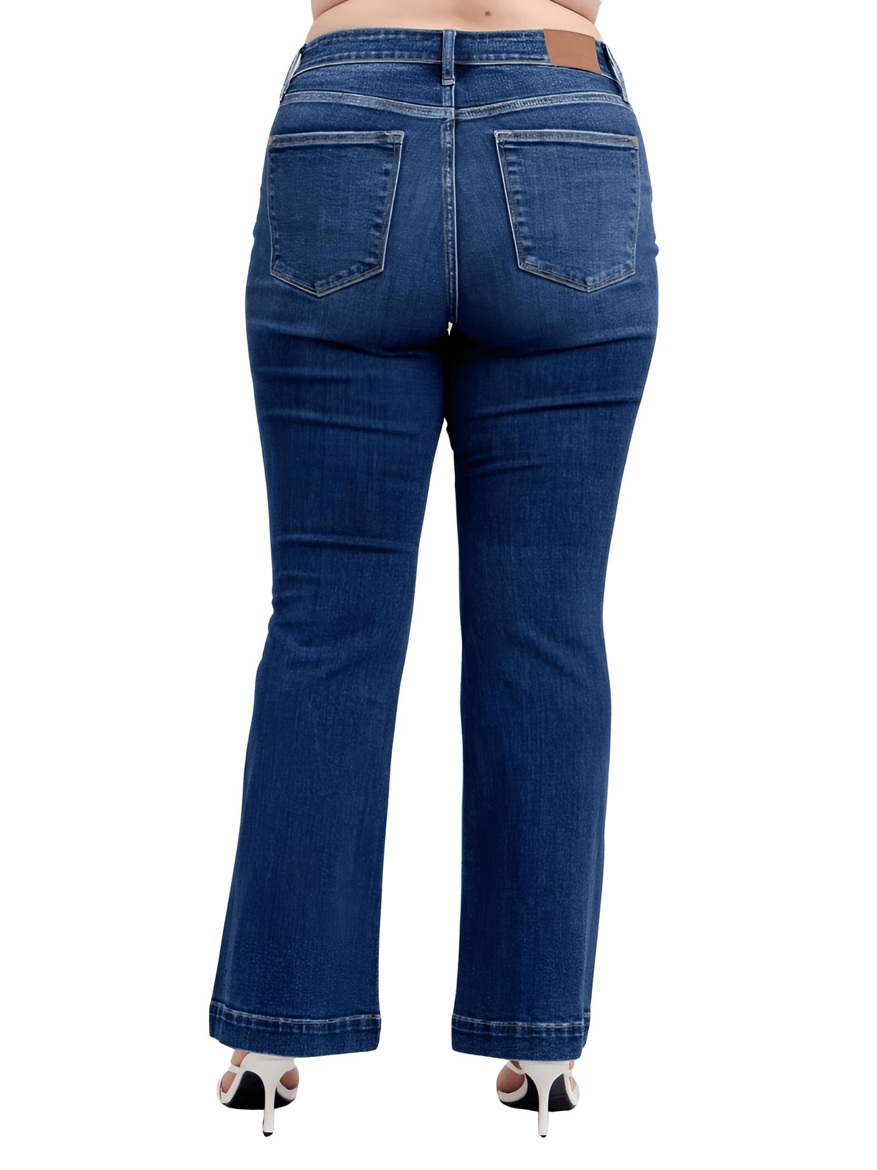 Blue Full Size High Rise Plus Size Flare Jeans with Pockets, Drestiny, Jeans, Casual Pants, Dark Blue, United States, USA, 0 (24), 1 (25), 3 (26), 5 (27), 7 (28), 9 (29), 11 (30), 13 (31), 15 (32), 14W, 16W, 18W, 20W, 22W, 24W, Plus Size Jeans, Plus size high rise flare jeans, Curvy high waisted flare jeans, Plus size wide leg flare jeans, Dark wash plus size flare jeans, Plus size retro flare jeans, shopdrestiny.com