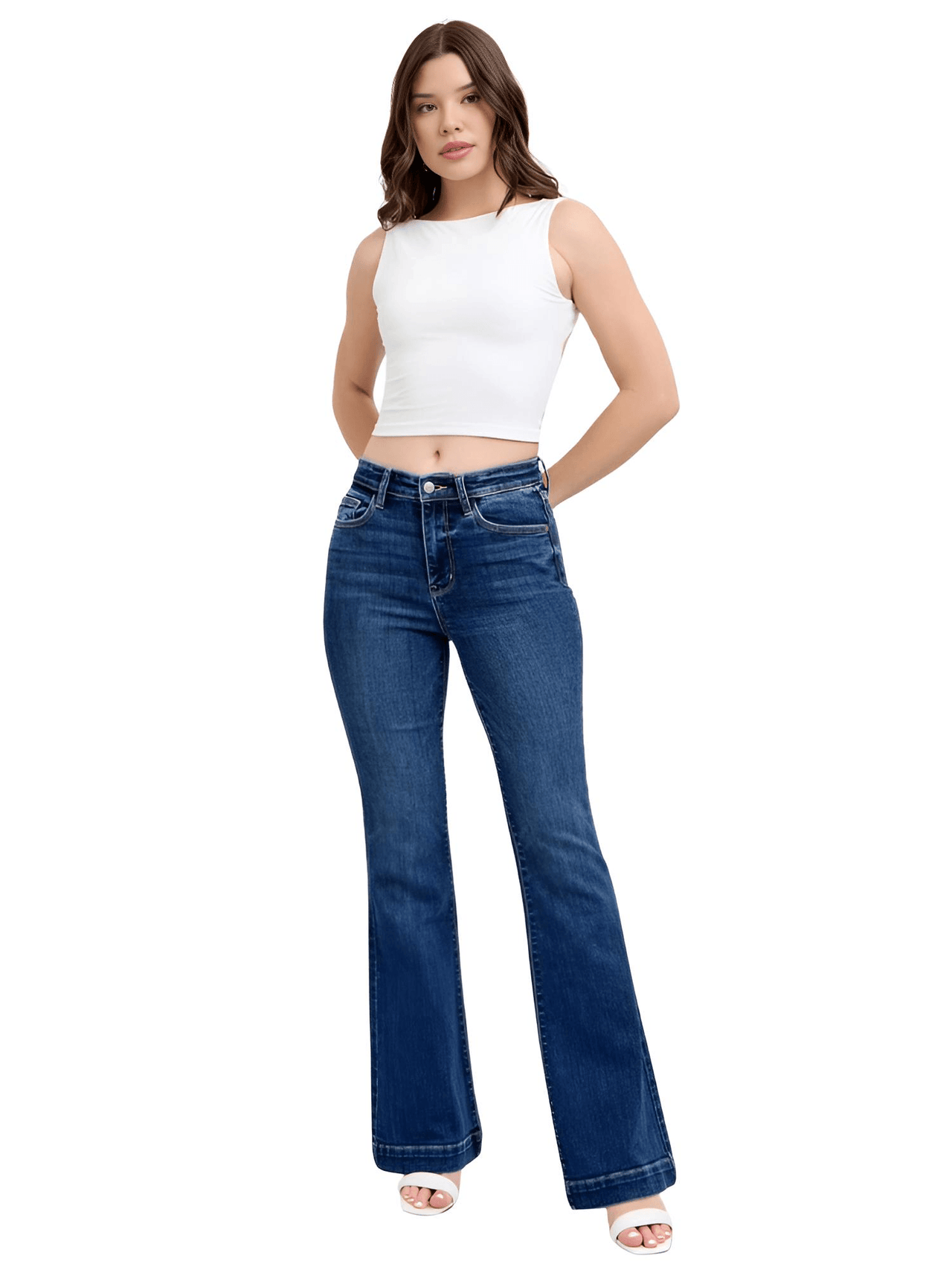 Blue Full Size High Rise Plus Size Flare Jeans with Pockets, Drestiny, Jeans, Casual Pants, Dark Blue, United States, USA, 0 (24), 1 (25), 3 (26), 5 (27), 7 (28), 9 (29), 11 (30), 13 (31), 15 (32), 14W, 16W, 18W, 20W, 22W, 24W, Plus Size Jeans, Plus size high rise flare jeans, Curvy high waisted flare jeans, Plus size wide leg flare jeans, Dark wash plus size flare jeans, Plus size retro flare jeans, shopdrestiny.com