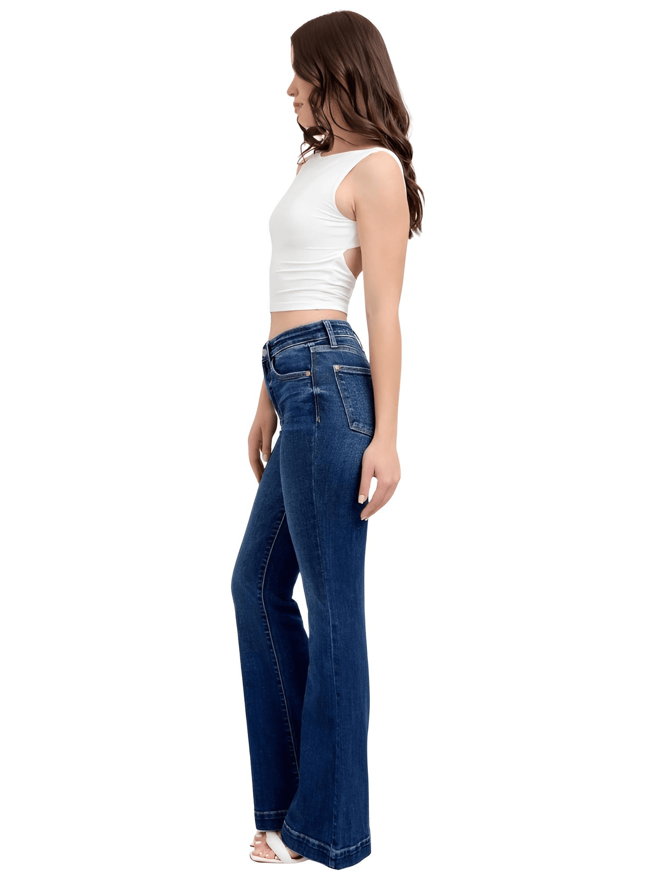 Blue Full Size High Rise Plus Size Flare Jeans with Pockets, Drestiny, Jeans, Casual Pants, Dark Blue, United States, USA, 0 (24), 1 (25), 3 (26), 5 (27), 7 (28), 9 (29), 11 (30), 13 (31), 15 (32), 14W, 16W, 18W, 20W, 22W, 24W, Plus Size Jeans, Plus size high rise flare jeans, Curvy high waisted flare jeans, Plus size wide leg flare jeans, Dark wash plus size flare jeans, Plus size retro flare jeans, shopdrestiny.com