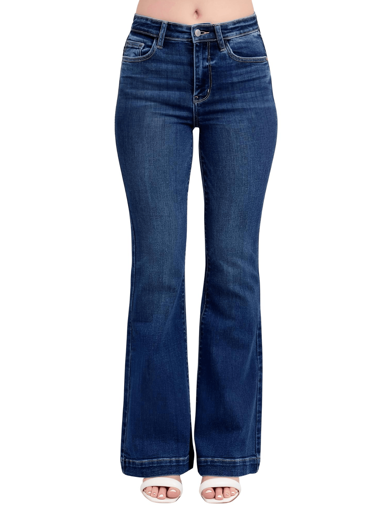 Blue Full Size High Rise Plus Size Flare Jeans with Pockets, Drestiny, Jeans, Casual Pants, Dark Blue, United States, USA, 0 (24), 1 (25), 3 (26), 5 (27), 7 (28), 9 (29), 11 (30), 13 (31), 15 (32), 14W, 16W, 18W, 20W, 22W, 24W, Plus Size Jeans, Plus size high rise flare jeans, Curvy high waisted flare jeans, Plus size wide leg flare jeans, Dark wash plus size flare jeans, Plus size retro flare jeans, shopdrestiny.com