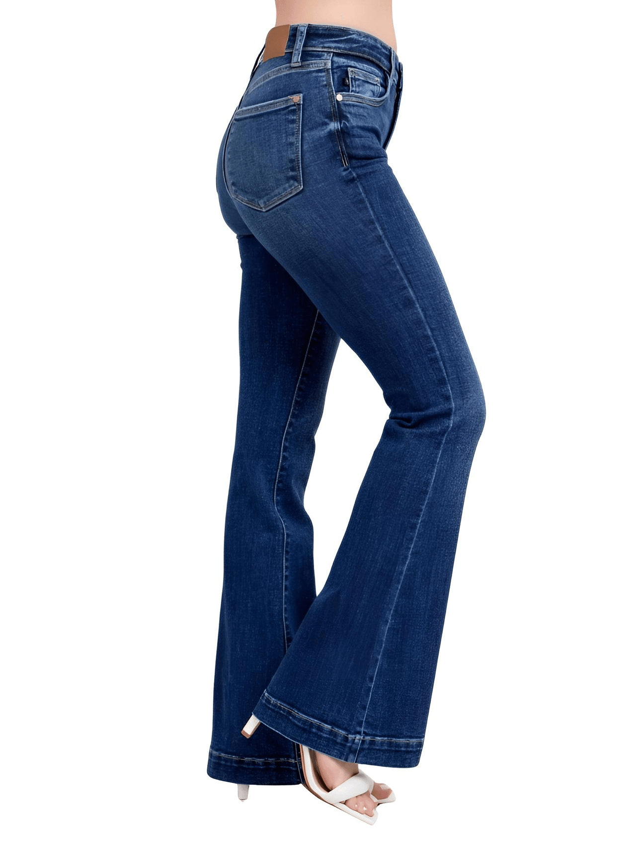 Blue Full Size High Rise Plus Size Flare Jeans with Pockets, Drestiny, Jeans, Casual Pants, Dark Blue, United States, USA, 0 (24), 1 (25), 3 (26), 5 (27), 7 (28), 9 (29), 11 (30), 13 (31), 15 (32), 14W, 16W, 18W, 20W, 22W, 24W, Plus Size Jeans, Plus size high rise flare jeans, Curvy high waisted flare jeans, Plus size wide leg flare jeans, Dark wash plus size flare jeans, Plus size retro flare jeans, shopdrestiny.com