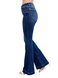 Thumbnail for Blue Full Size High Rise Plus Size Flare Jeans with Pockets, Drestiny, Jeans, Casual Pants, Dark Blue, United States, USA, 0 (24), 1 (25), 3 (26), 5 (27), 7 (28), 9 (29), 11 (30), 13 (31), 15 (32), 14W, 16W, 18W, 20W, 22W, 24W, Plus Size Jeans, Plus size high rise flare jeans, Curvy high waisted flare jeans, Plus size wide leg flare jeans, Dark wash plus size flare jeans, Plus size retro flare jeans, shopdrestiny.com