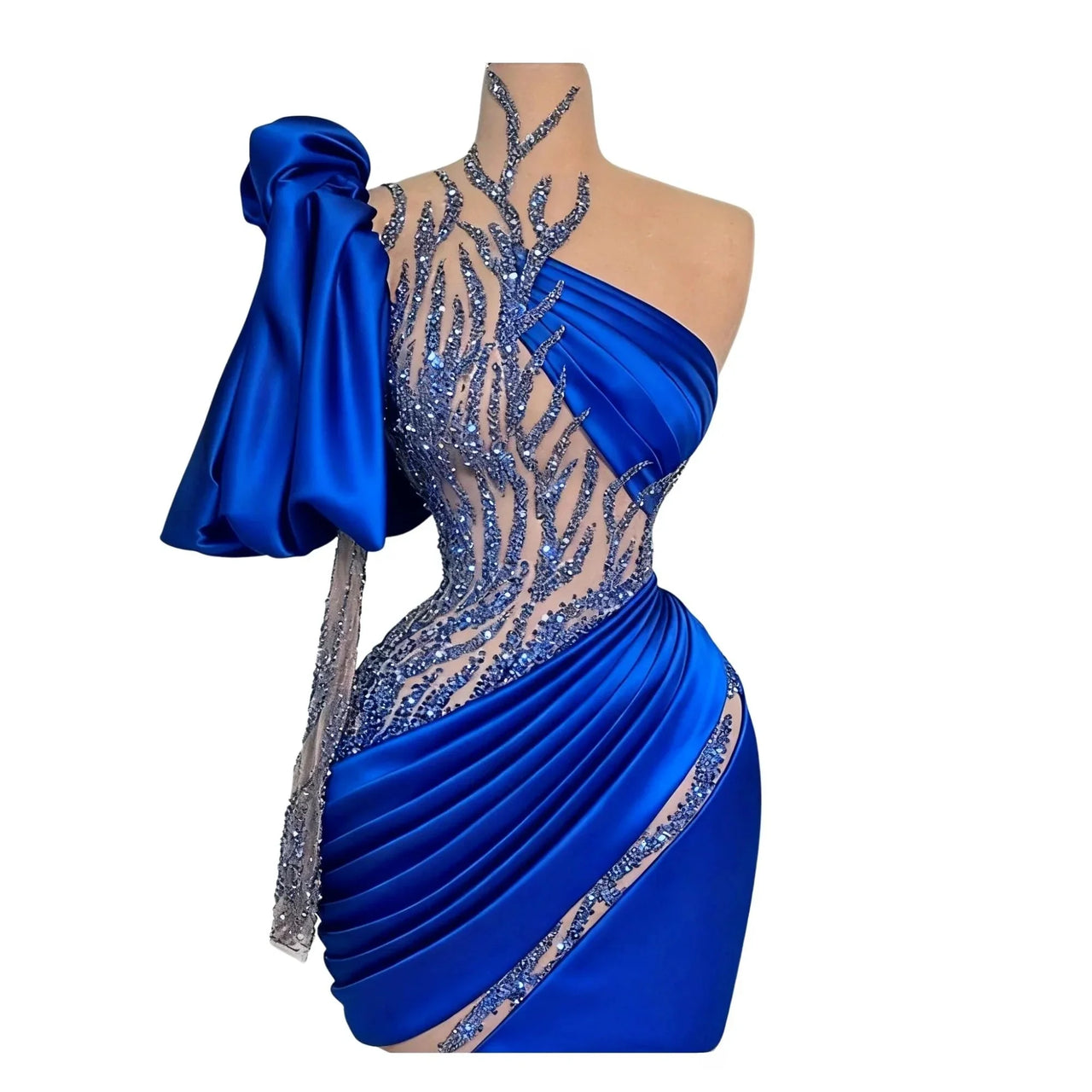 Blue evening gown with intricate detailing on a mannequin against a white background