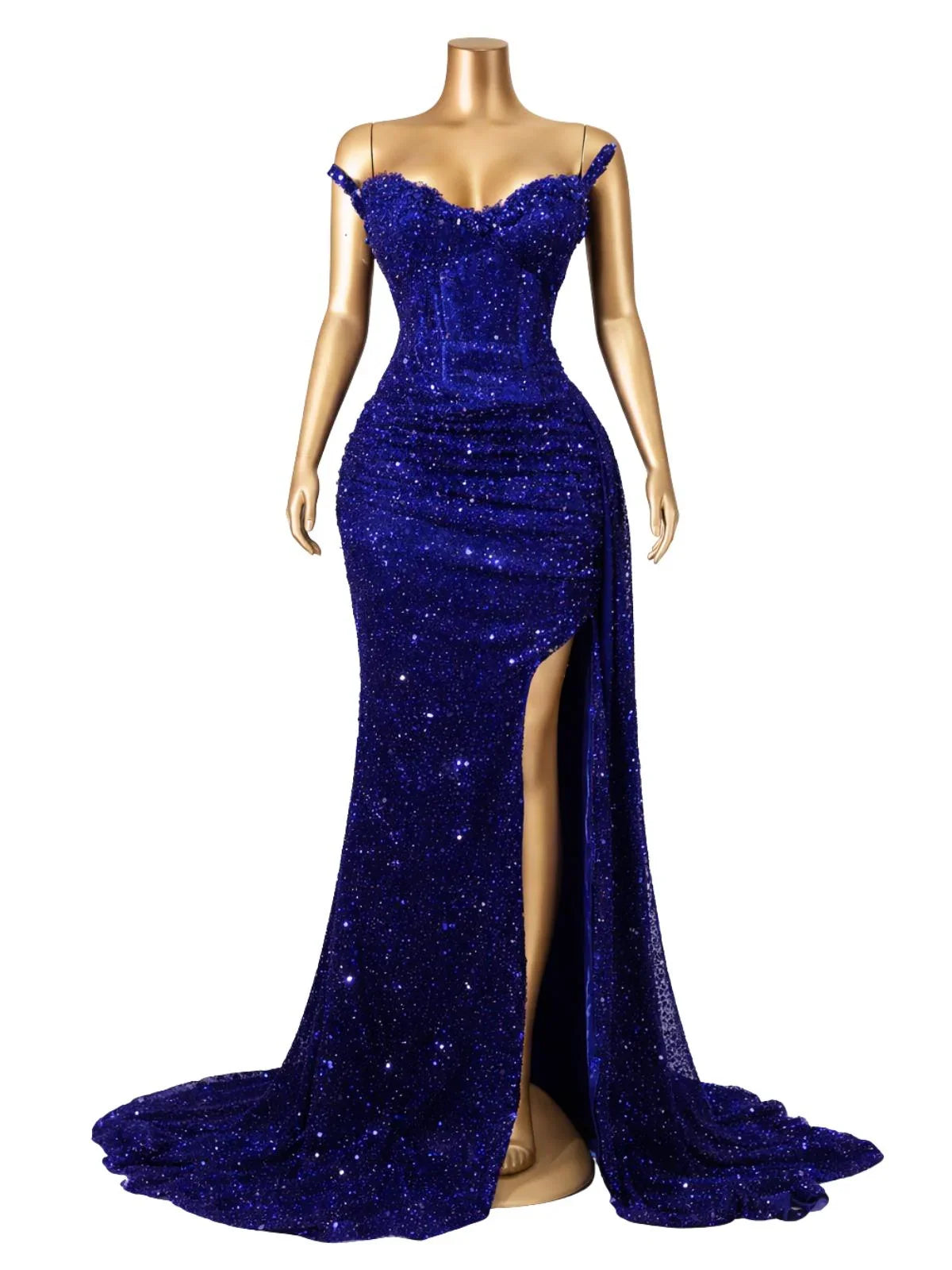 Blue sequin strapless mermaid evening gown on a mannequin against a white background