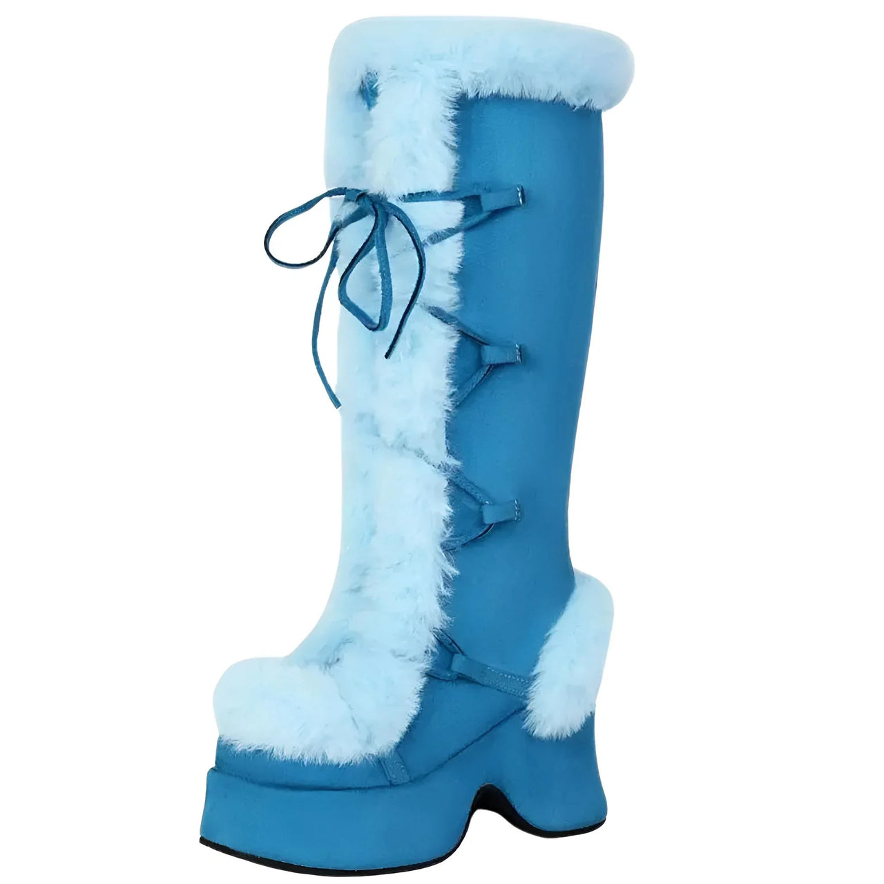 Blue platform boots with white fur trim on a white background