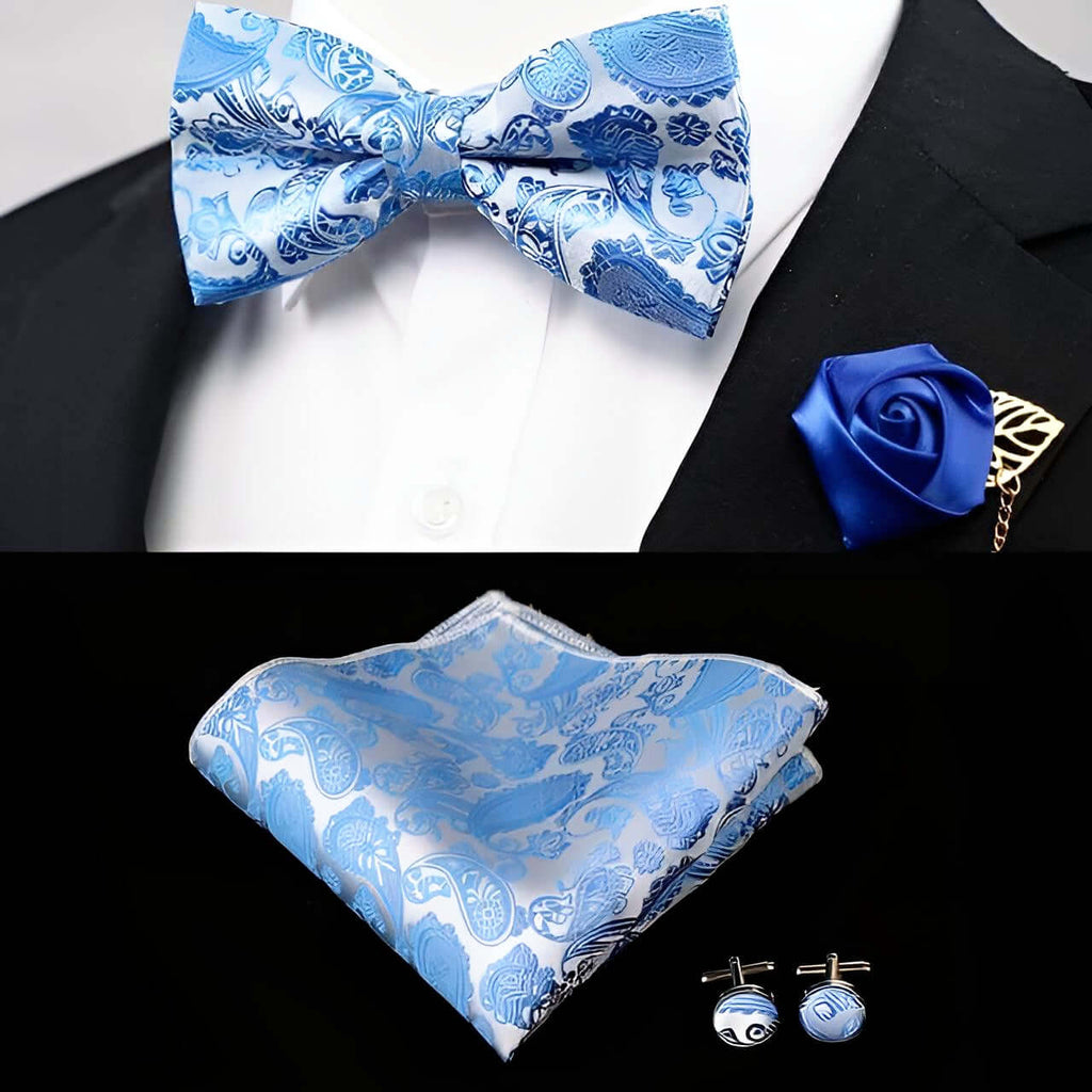 Blue Bow Tie + Pocket Square + Cufflinks + Silk Flower Pin Set