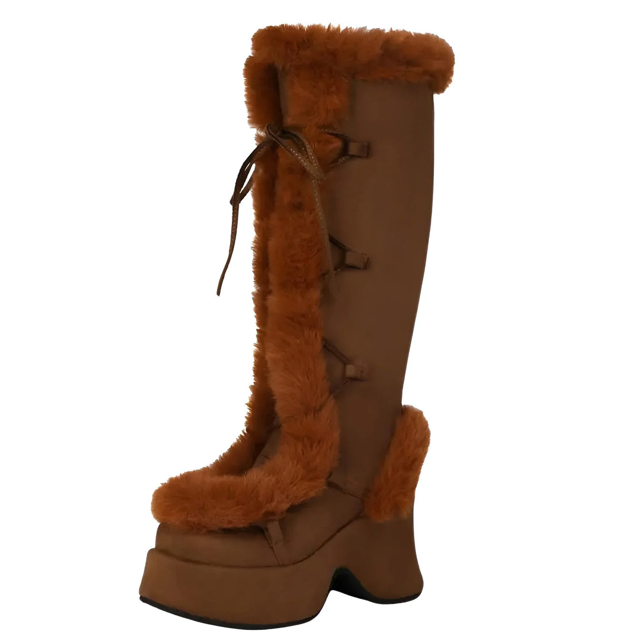 Brown knee-high boot with fur trim on a white background