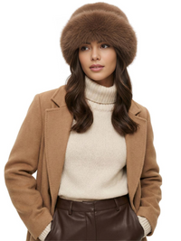 Thumbnail for Woman wearing a brown faux fur hat, beige coat, white turtleneck sweater, and brown pants on a white background