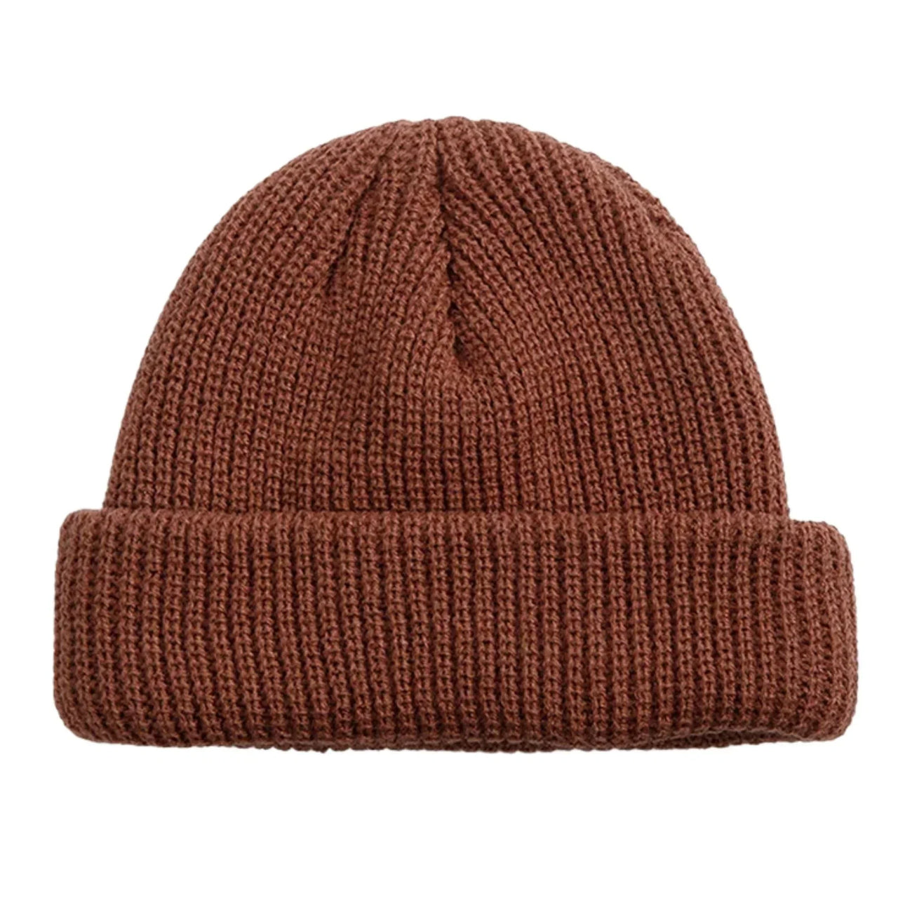 Brown knit beanie on a white background