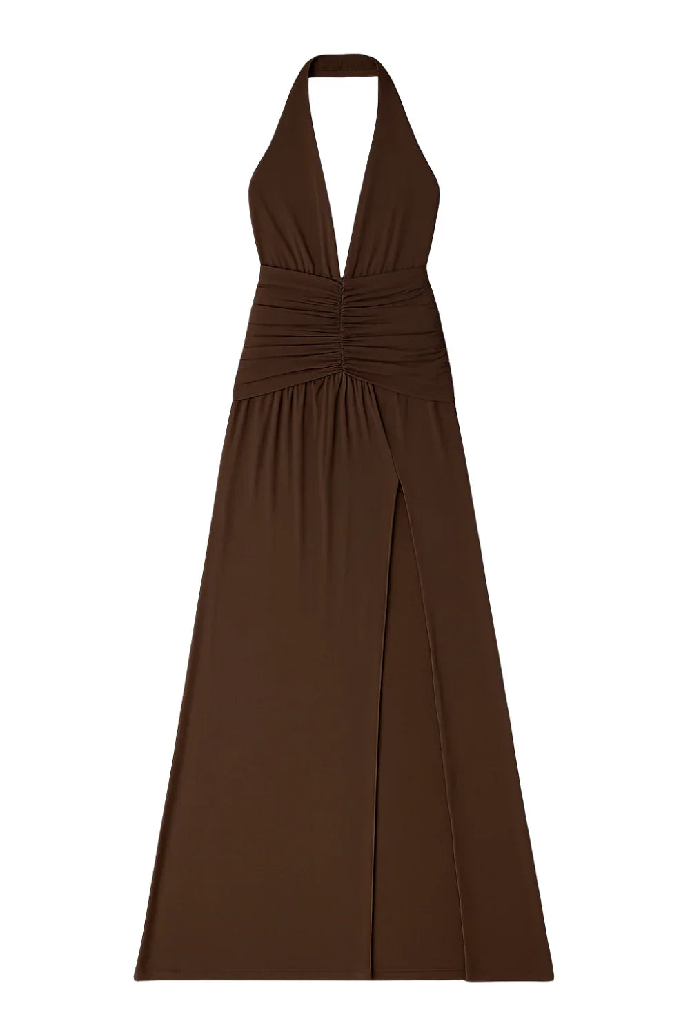Brown halter neck dress on a white background