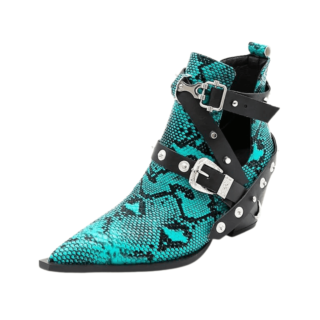 Buckled Motorcycle Western Teal Cowboy Boots For Women
