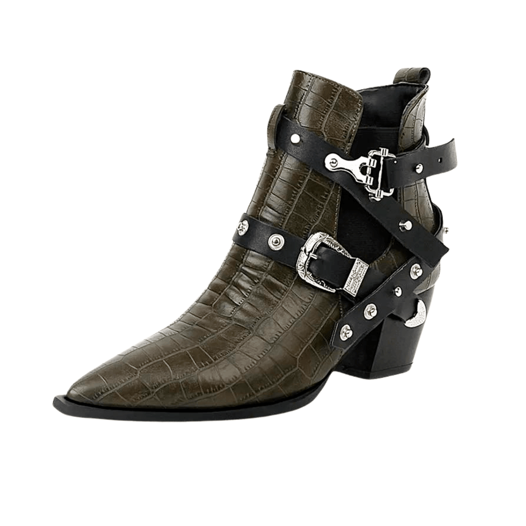 Buckled Motorcycle Western Dark Olive Green Cowboy Boots For Women