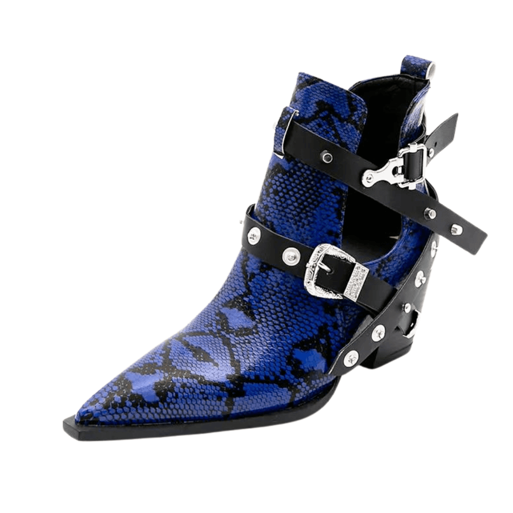 Buckled Motorcycle Western Blue Cowboy Boots For Women