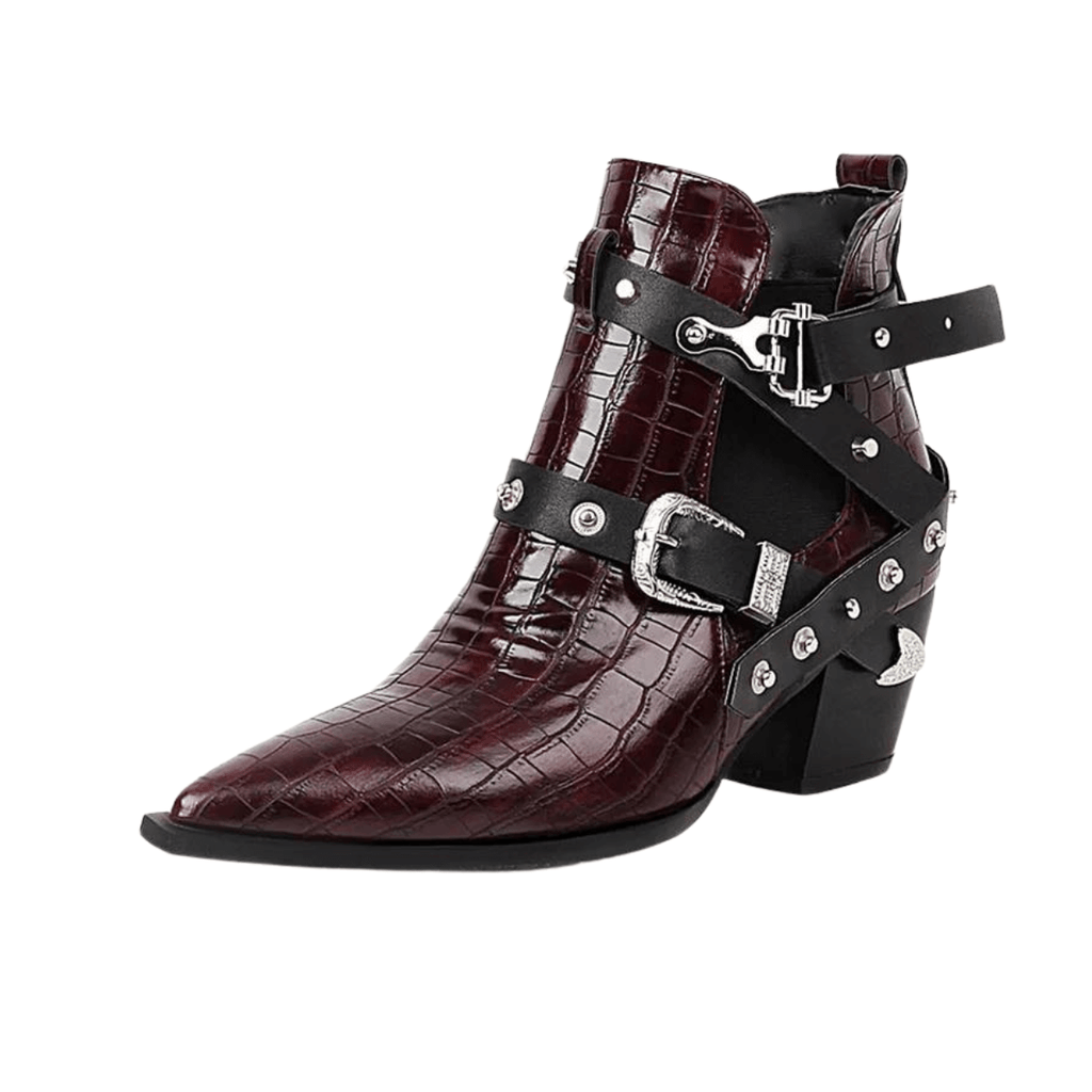 Buckled Motorcycle Western Dark Red Cowboy Boots For Women