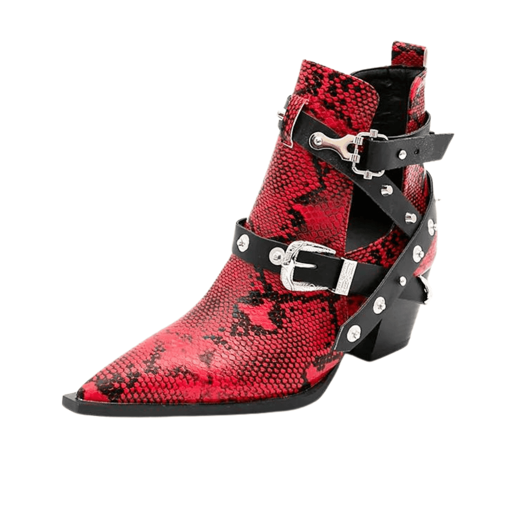 Buckled Motorcycle Western Red Cowboy Boots For Women