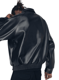 Thumbnail for Casual Oversized Black Faux Leather Jacket For Men Style Raglan Sleeve Turndown Collar Loose Men's Fashion, Drestiny, Black, M, L, XL, XXL, 2XL, United States, Canada, USA, Australia, New Zealand, United Kingdom, UK, Oversized men's faux leather jacket, Black oversized faux leather jacket men, Men's oversized faux leather bomber jacket, Oversized vegan leather jacket men, Men's black oversized faux leather jacket streetwear, shopdrestiny.com