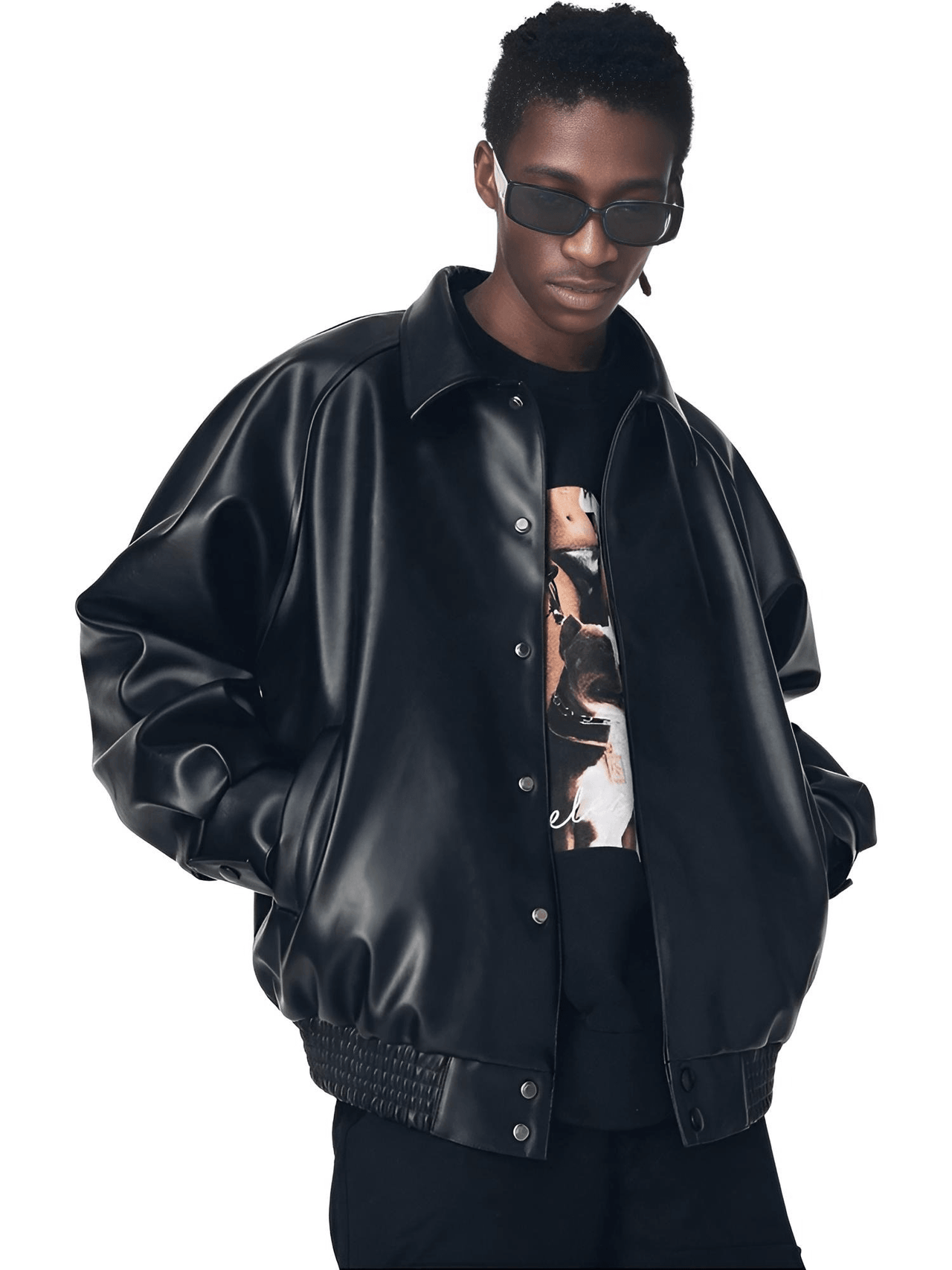 Casual Oversized Black Faux Leather Jacket For Men Style Raglan Sleeve Turndown Collar Loose Men's Fashion, Drestiny, Black, M, L, XL, XXL, 2XL, United States, Canada, USA, Australia, New Zealand, United Kingdom, UK, Oversized men's faux leather jacket, Black oversized faux leather jacket men, Men's oversized faux leather bomber jacket, Oversized vegan leather jacket men, Men's black oversized faux leather jacket streetwear, shopdrestiny.com