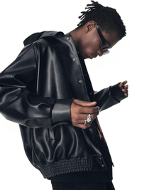 Thumbnail for Casual Oversized Black Faux Leather Jacket For Men Style Raglan Sleeve Turndown Collar Loose Men's Fashion, Drestiny, Black, M, L, XL, XXL, 2XL, United States, Canada, USA, Australia, New Zealand, United Kingdom, UK, Oversized men's faux leather jacket, Black oversized faux leather jacket men, Men's oversized faux leather bomber jacket, Oversized vegan leather jacket men, Men's black oversized faux leather jacket streetwear, shopdrestiny.com