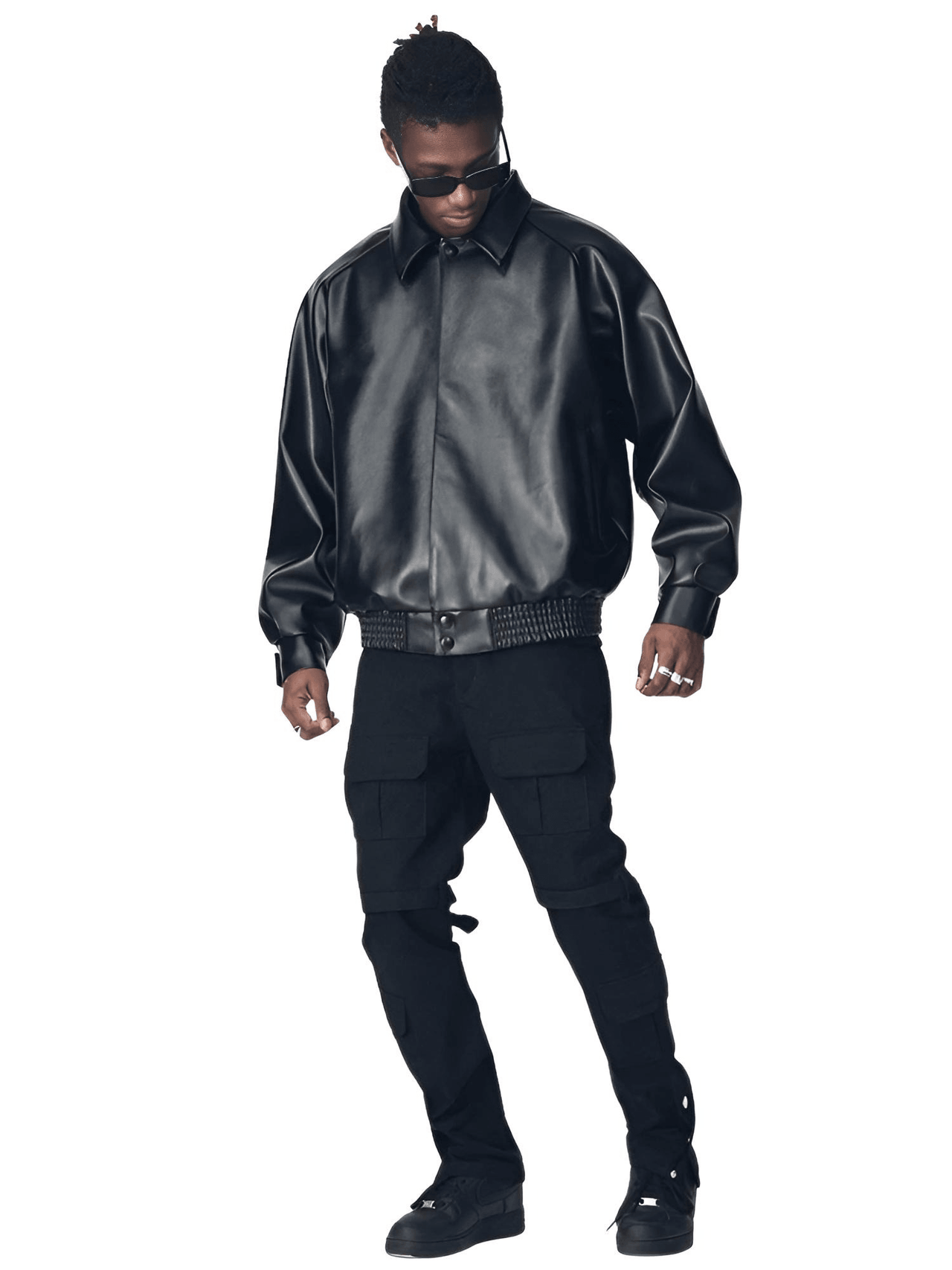 Casual Oversized Black Faux Leather Jacket For Men Style Raglan Sleeve Turndown Collar Loose Men's Fashion, Drestiny, Black, M, L, XL, XXL, 2XL, United States, Canada, USA, Australia, New Zealand, United Kingdom, UK, Oversized men's faux leather jacket, Black oversized faux leather jacket men, Men's oversized faux leather bomber jacket, Oversized vegan leather jacket men, Men's black oversized faux leather jacket streetwear, shopdrestiny.com