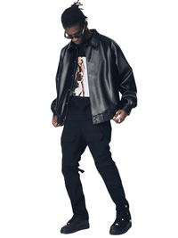 Thumbnail for Casual Oversized Black Faux Leather Jacket For Men Style Raglan Sleeve Turndown Collar Loose Men's Fashion, Drestiny, Black, M, L, XL, XXL, 2XL, United States, Canada, USA, Australia, New Zealand, United Kingdom, UK, Oversized men's faux leather jacket, Black oversized faux leather jacket men, Men's oversized faux leather bomber jacket, Oversized vegan leather jacket men, Men's black oversized faux leather jacket streetwear, shopdrestiny.com