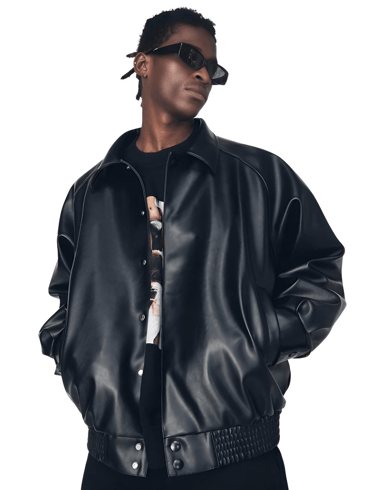 Casual Oversized Black Faux Leather Jacket For Men Style Raglan Sleeve Turndown Collar Loose Men's Fashion, Drestiny, Black, M, L, XL, XXL, 2XL, United States, Canada, USA, Australia, New Zealand, United Kingdom, UK, Oversized men's faux leather jacket, Black oversized faux leather jacket men, Men's oversized faux leather bomber jacket, Oversized vegan leather jacket men, Men's black oversized faux leather jacket streetwear, shopdrestiny.com