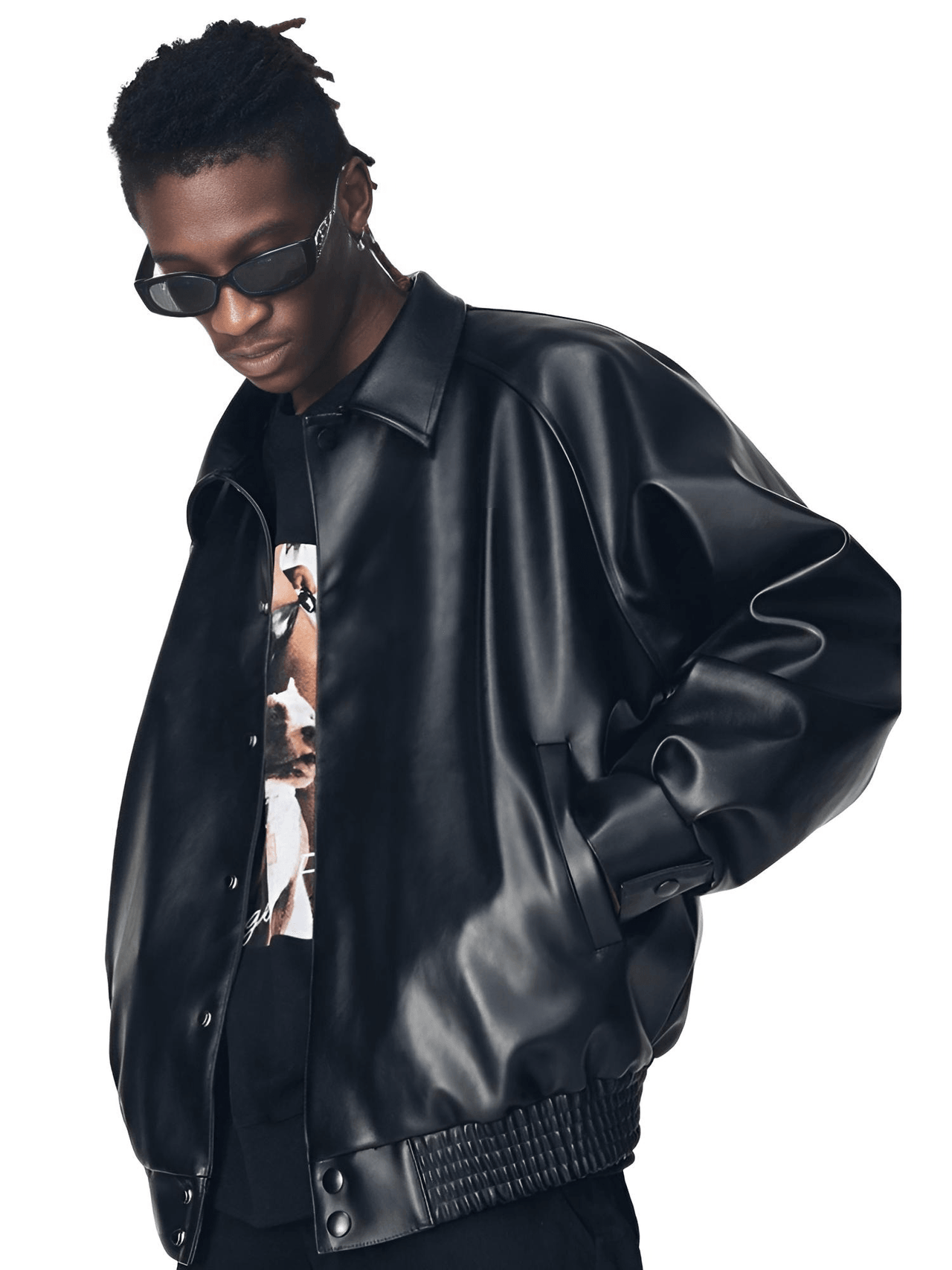 Casual Oversized Black Faux Leather Jacket For Men Style Raglan Sleeve Turndown Collar Loose Men's Fashion, Drestiny, Black, M, L, XL, XXL, 2XL, United States, Canada, USA, Australia, New Zealand, United Kingdom, UK, Oversized men's faux leather jacket, Black oversized faux leather jacket men, Men's oversized faux leather bomber jacket, Oversized vegan leather jacket men, Men's black oversized faux leather jacket streetwear, shopdrestiny.com