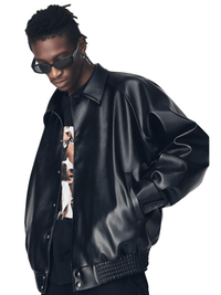 Thumbnail for Casual Oversized Black Faux Leather Jacket For Men Style Raglan Sleeve Turndown Collar Loose Men's Fashion, Drestiny, Black, M, L, XL, XXL, 2XL, United States, Canada, USA, Australia, New Zealand, United Kingdom, UK, Oversized men's faux leather jacket, Black oversized faux leather jacket men, Men's oversized faux leather bomber jacket, Oversized vegan leather jacket men, Men's black oversized faux leather jacket streetwear, shopdrestiny.com