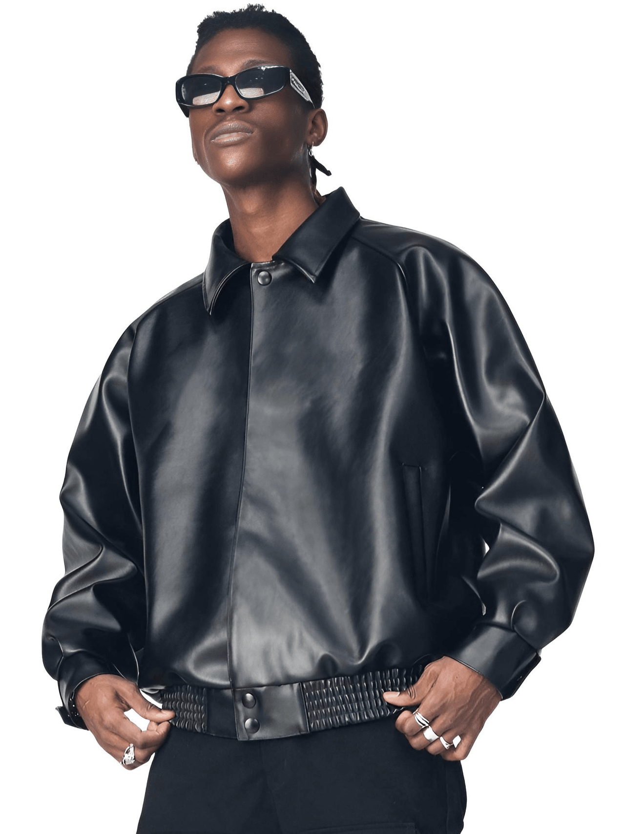 Casual Oversized Black Faux Leather Jacket For Men Style Raglan Sleeve Turndown Collar Loose Men's Fashion, Drestiny, Black, M, L, XL, XXL, 2XL, United States, Canada, USA, Australia, New Zealand, United Kingdom, UK, Oversized men's faux leather jacket, Black oversized faux leather jacket men, Men's oversized faux leather bomber jacket, Oversized vegan leather jacket men, Men's black oversized faux leather jacket streetwear, shopdrestiny.com