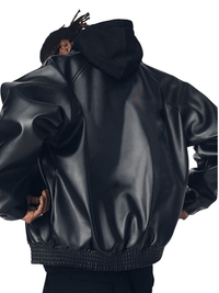 Thumbnail for Casual Oversized Black Faux Leather Jacket For Men Style Raglan Sleeve Turndown Collar Loose Men's Fashion, Drestiny, Black, M, L, XL, XXL, 2XL, United States, Canada, USA, Australia, New Zealand, United Kingdom, UK, Oversized men's faux leather jacket, Black oversized faux leather jacket men, Men's oversized faux leather bomber jacket, Oversized vegan leather jacket men, Men's black oversized faux leather jacket streetwear, shopdrestiny.com