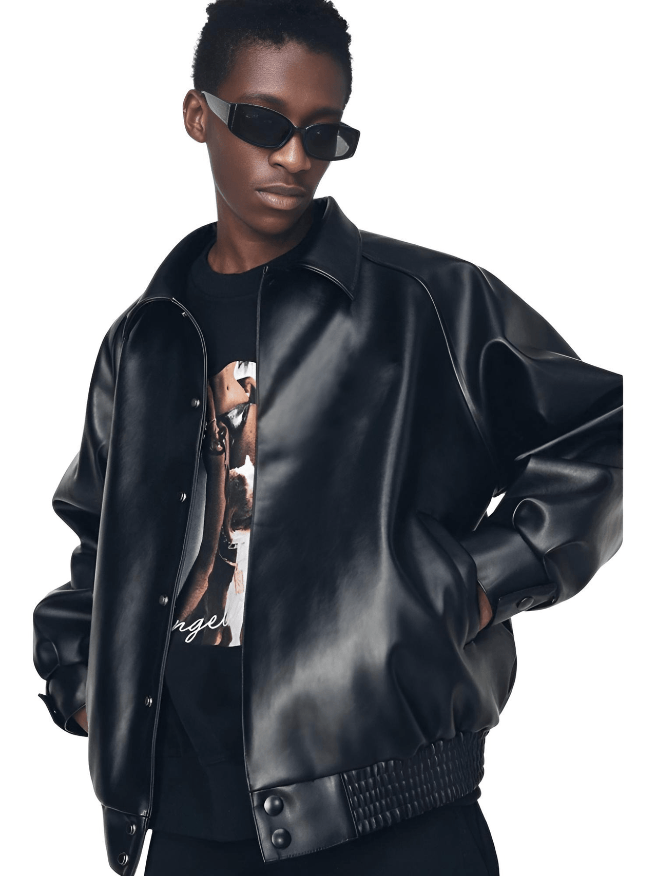 Casual Oversized Black Faux Leather Jacket For Men Style Raglan Sleeve Turndown Collar Loose Men's Fashion, Drestiny, Black, M, L, XL, XXL, 2XL, United States, Canada, USA, Australia, New Zealand, United Kingdom, UK, Oversized men's faux leather jacket, Black oversized faux leather jacket men, Men's oversized faux leather bomber jacket, Oversized vegan leather jacket men, Men's black oversized faux leather jacket streetwear, shopdrestiny.com