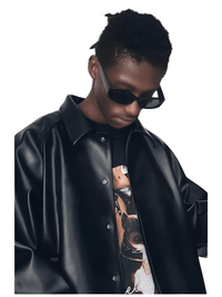 Thumbnail for Casual Oversized Black Faux Leather Jacket For Men Style Raglan Sleeve Turndown Collar Loose Men's Fashion, Drestiny, Black, M, L, XL, XXL, 2XL, United States, Canada, USA, Australia, New Zealand, United Kingdom, UK, Oversized men's faux leather jacket, Black oversized faux leather jacket men, Men's oversized faux leather bomber jacket, Oversized vegan leather jacket men, Men's black oversized faux leather jacket streetwear, shopdrestiny.com