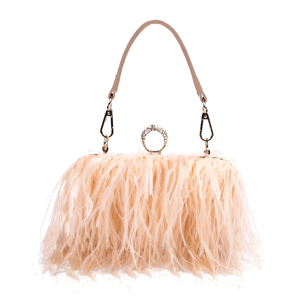 Shop Drestiny for the chic Ostrich Feather Clutch! With a removable shoulder strap and satin interior, it's a must-have accessory. Enjoy free shipping and let us cover the tax. Don't miss out on up to 50% off for a limited time!