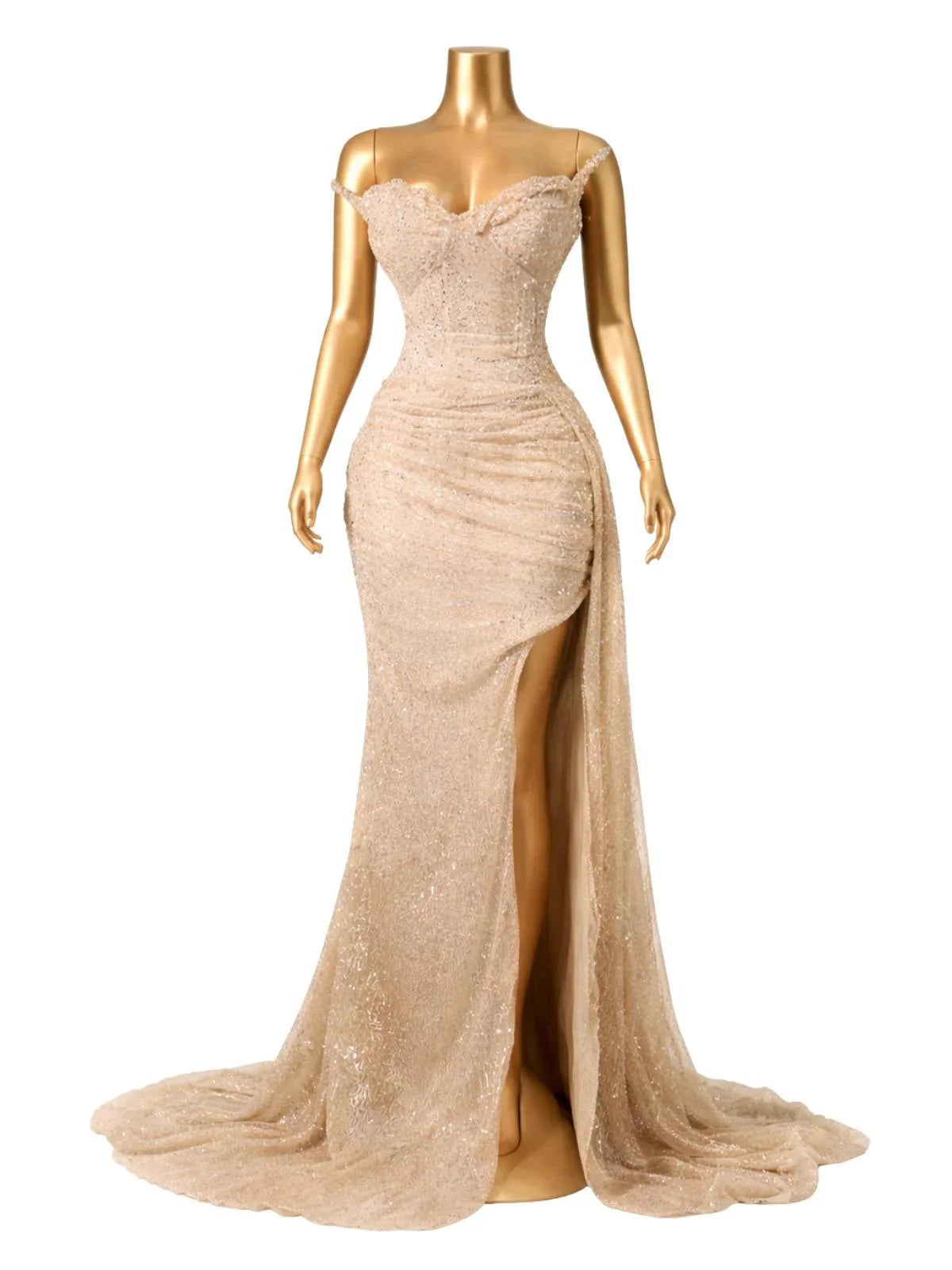 Champagne mermaid evening gown with a high slit on a mannequin against a white background