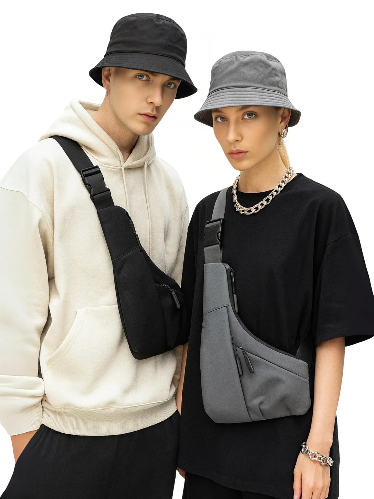 Two people wearing crossbody bags against a white background
