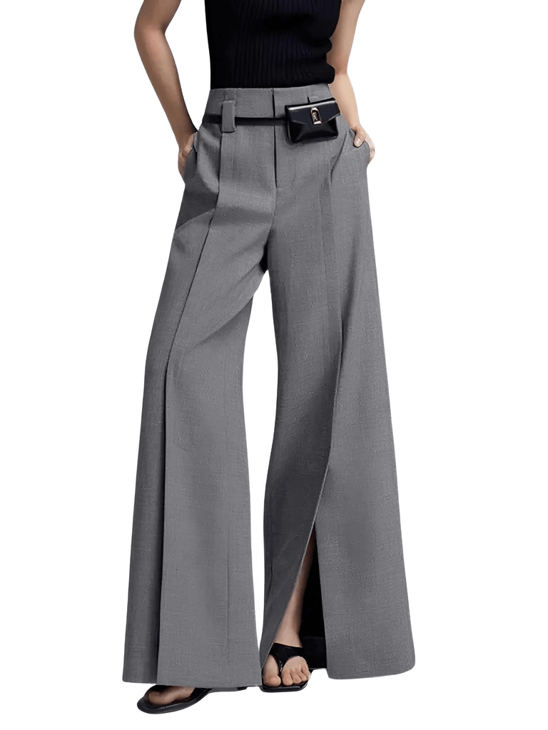 Chic High Waist Wide Leg Floor-Length Split Pleated Grey Pants For Women