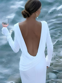 Thumbnail for Chic Backless White Long Sleeve Dress For Women Slim Fit Pleated Elegant Round Neck Long Dresses Female Evening Gowns -, Dress , Drestiny , 10, 4, 6, 8, Australia, FR, L, Long Sleeves, M, Maxi Dresses, New Zealand, S, United Kingdom, United States, White , Drestiny , www.shopdrestiny.com