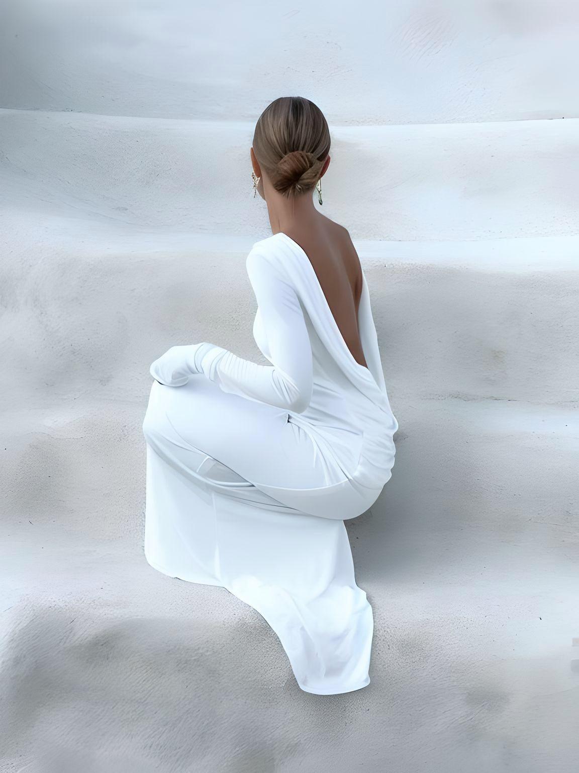 Chic Backless White Long Sleeve Dress For Women Slim Fit Pleated Elegant Round Neck Long Dresses Female Evening Gowns -, Dress , Drestiny , 10, 4, 6, 8, Australia, FR, L, Long Sleeves, M, Maxi Dresses, New Zealand, S, United Kingdom, United States, White , Drestiny , www.shopdrestiny.com