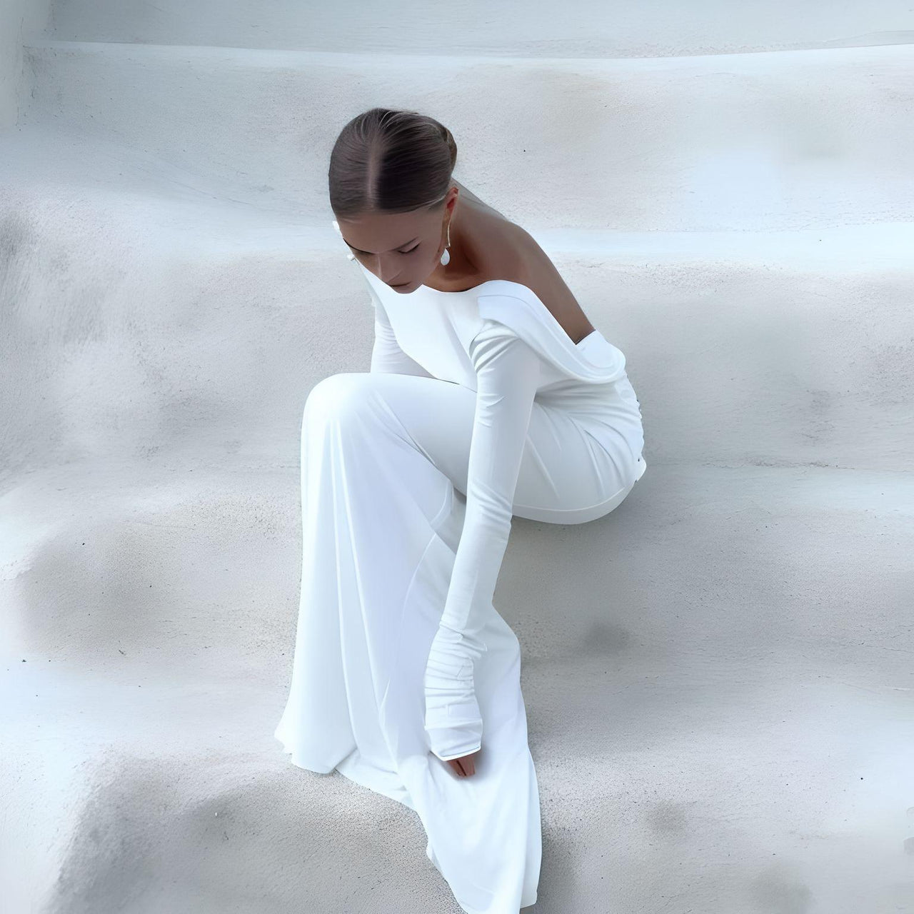Chic Backless White Long Sleeve Dress For Women Slim Fit Pleated Elegant Round Neck Long Dresses Female Evening Gowns -, Dress , Drestiny , 10, 4, 6, 8, Australia, FR, L, Long Sleeves, M, Maxi Dresses, New Zealand, S, United Kingdom, United States, White , Drestiny , www.shopdrestiny.com