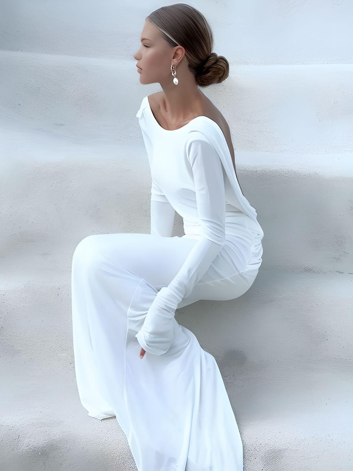 Chic Backless White Long Sleeve Dress For Women Slim Fit Pleated Elegant Round Neck Long Dresses Female Evening Gowns -, Dress , Drestiny , 10, 4, 6, 8, Australia, FR, L, Long Sleeves, M, Maxi Dresses, New Zealand, S, United Kingdom, United States, White , Drestiny , www.shopdrestiny.com