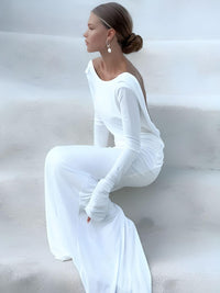Thumbnail for Chic Backless White Long Sleeve Dress For Women Slim Fit Pleated Elegant Round Neck Long Dresses Female Evening Gowns -, Dress , Drestiny , 10, 4, 6, 8, Australia, FR, L, Long Sleeves, M, Maxi Dresses, New Zealand, S, United Kingdom, United States, White , Drestiny , www.shopdrestiny.com
